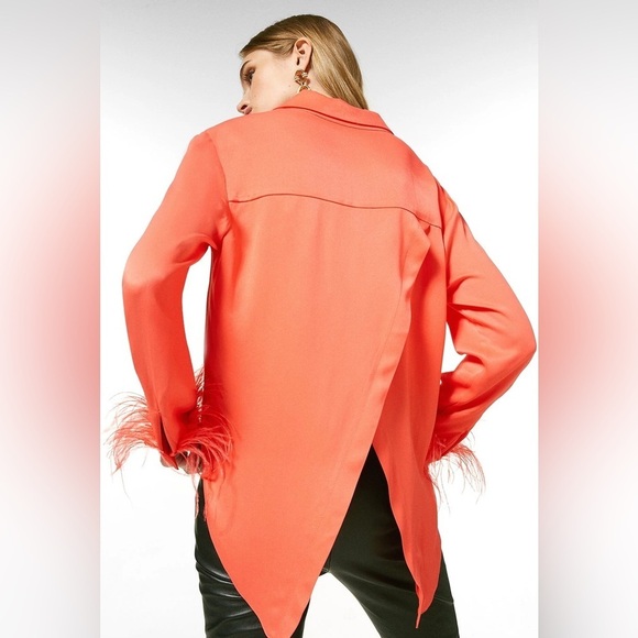 Karen Millen Satin Crepe Feather Trim Black Layered Black Blouse - Picture 5 of 11